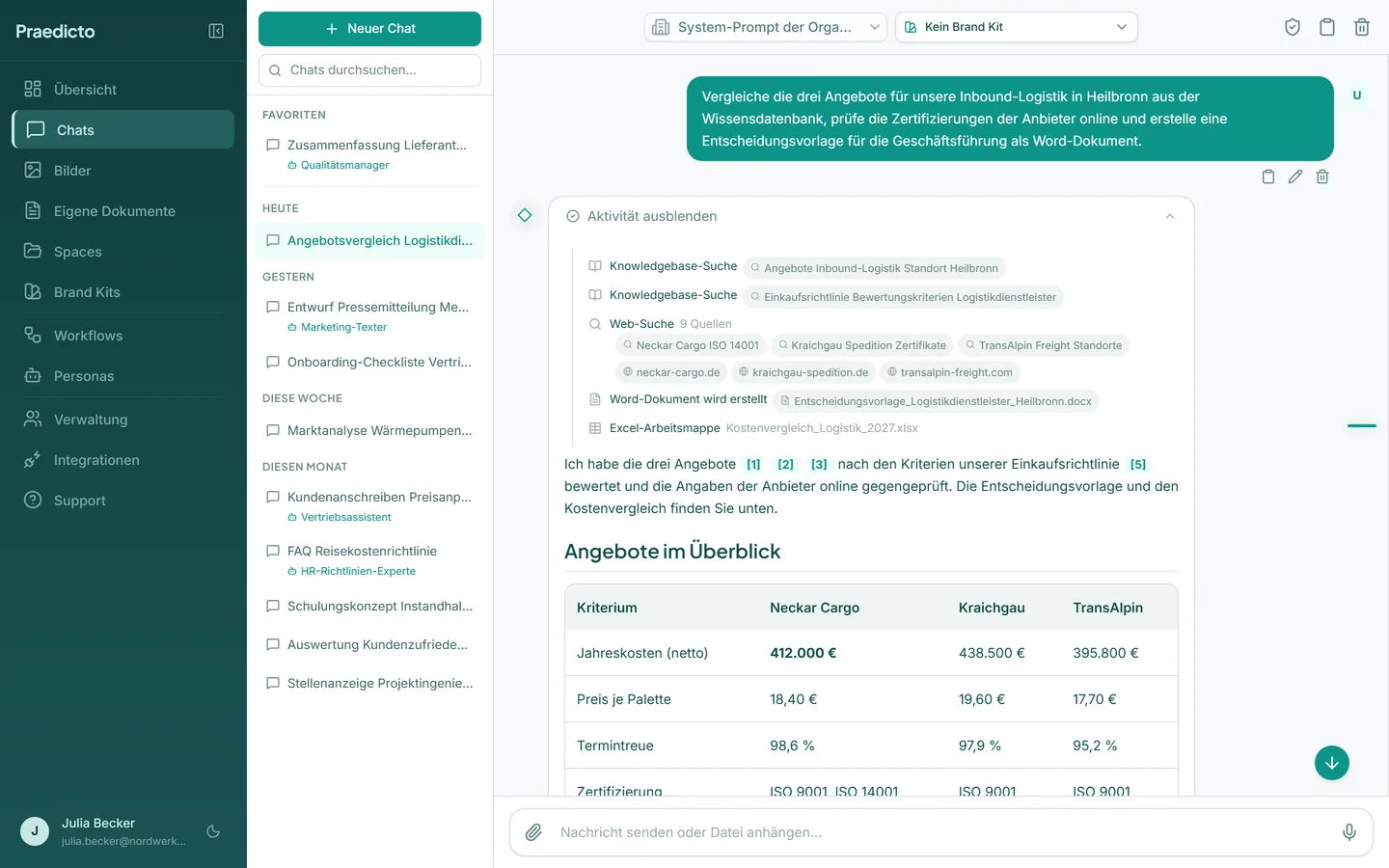 Praedicto KI-Chat: Ein Agent recherchiert, wertet Unternehmensdokumente aus und erstellt ein Word-Dokument