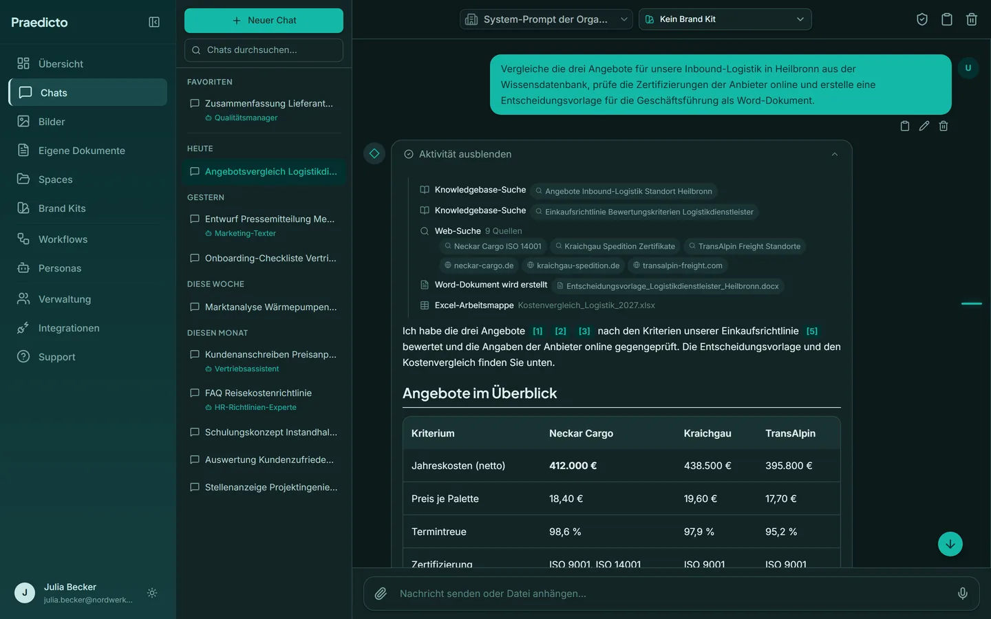 Praedicto im dunklen Design: Ein KI-Agent vergleicht Angebote mit Wissensdatenbank und Web-Recherche