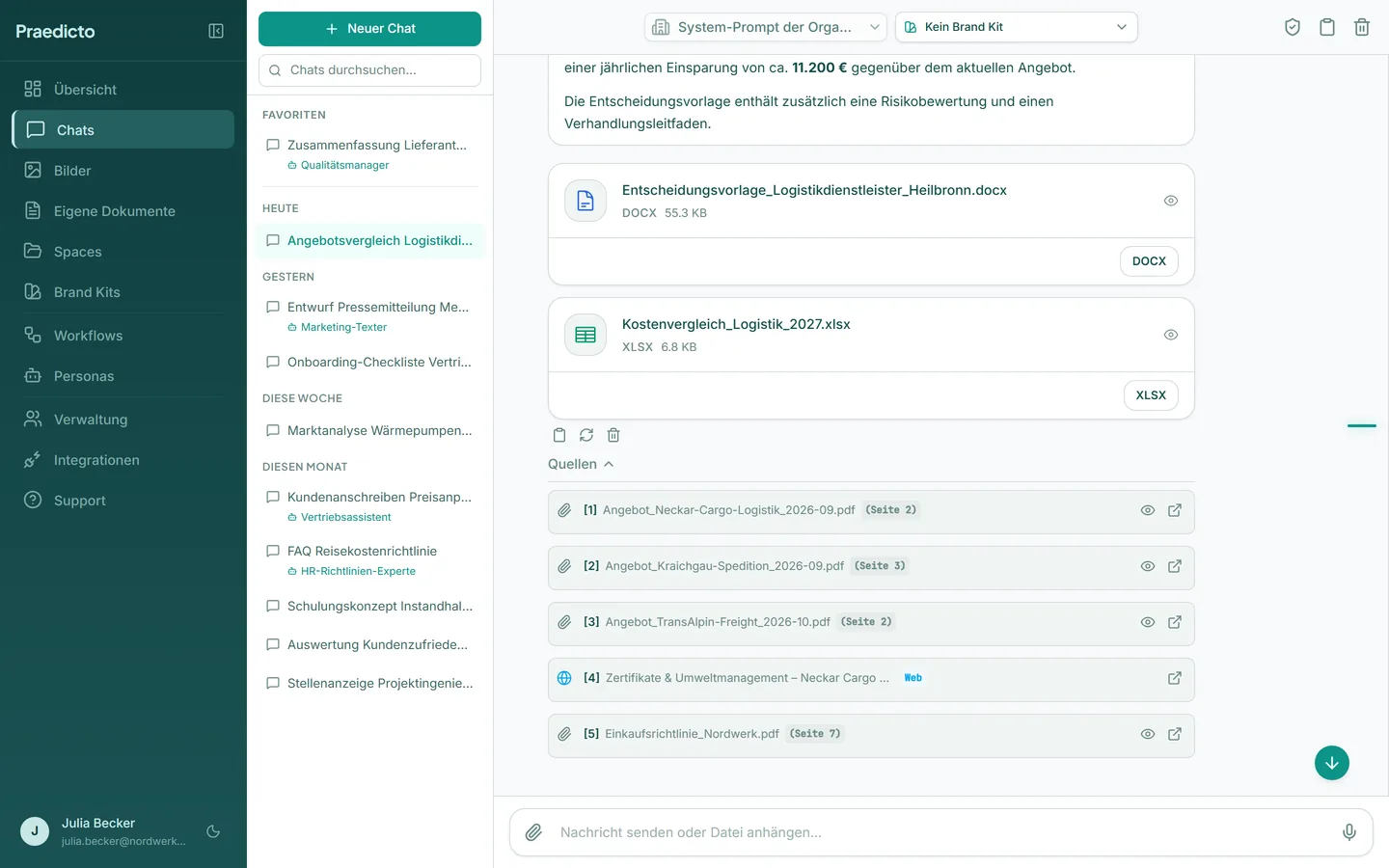KI-Chat mit erstellter Word-Entscheidungsvorlage, Excel-Kostenvergleich und Quellenliste