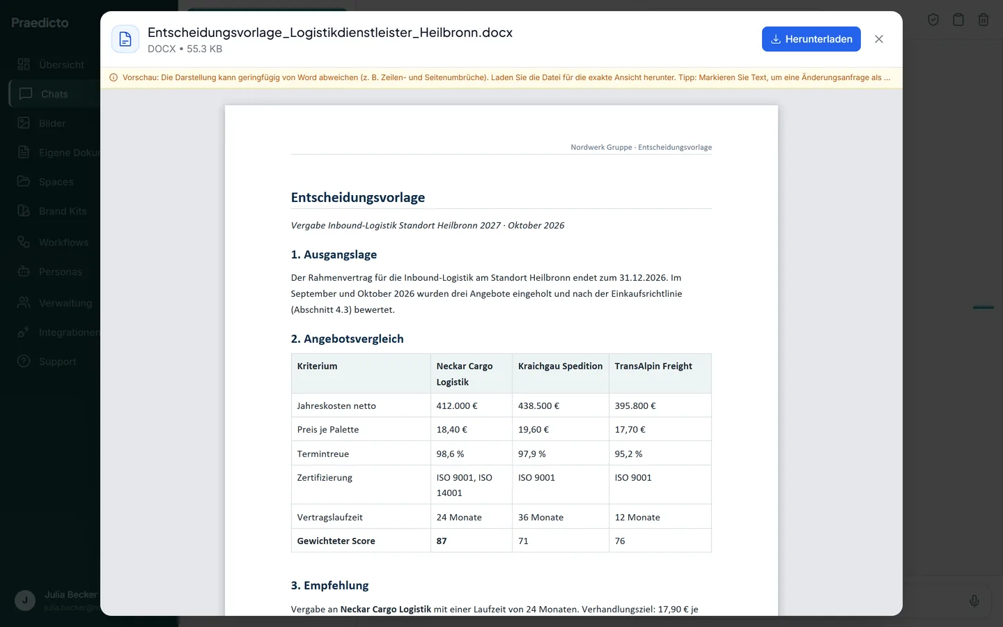 Vom Agenten erstellte Word-Entscheidungsvorlage in der Vorschau